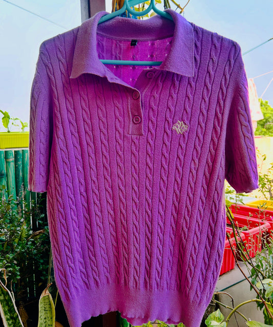 Lavender cable-knit polo top